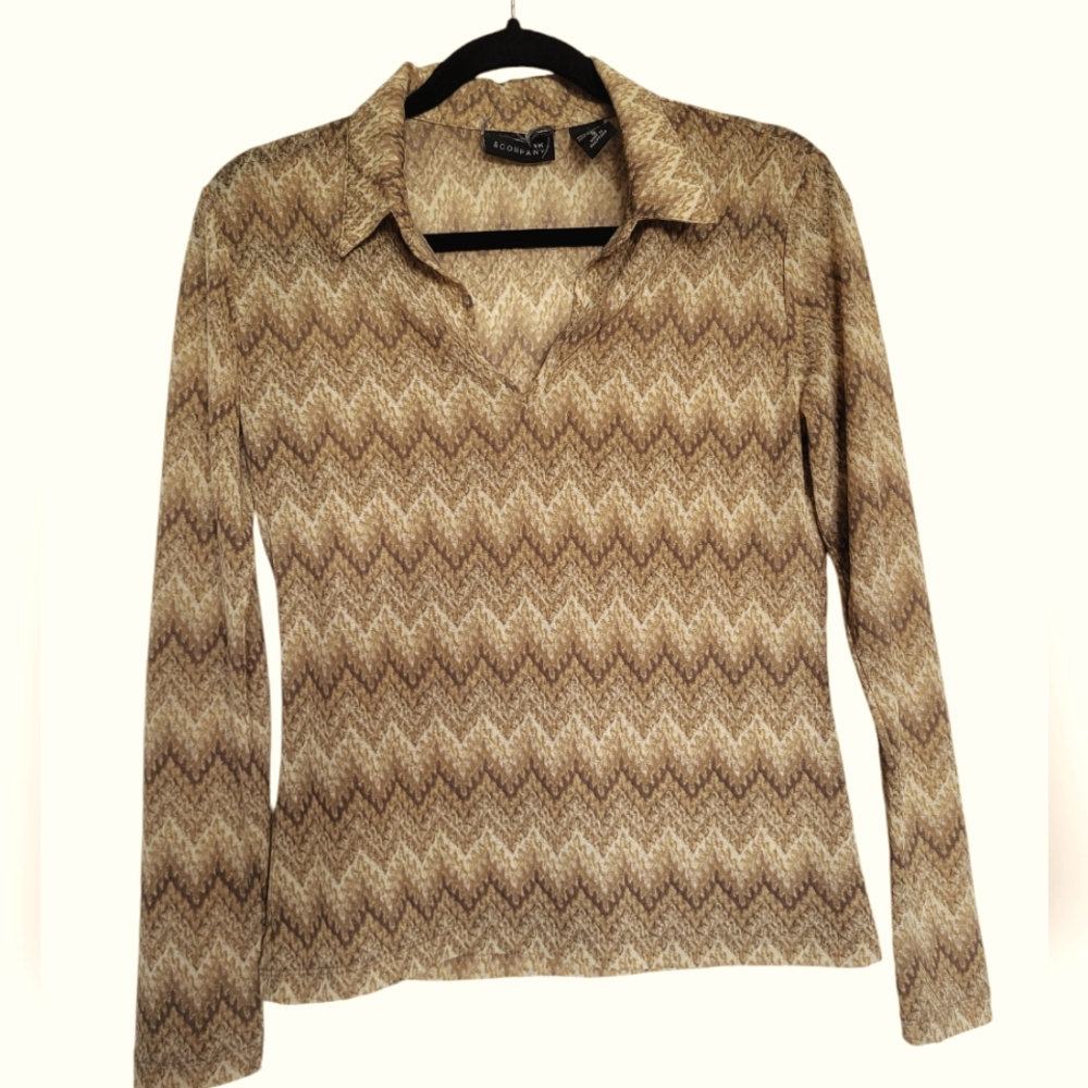 New York & Company Zigzag Pattern Long Sleeves Top Size Small